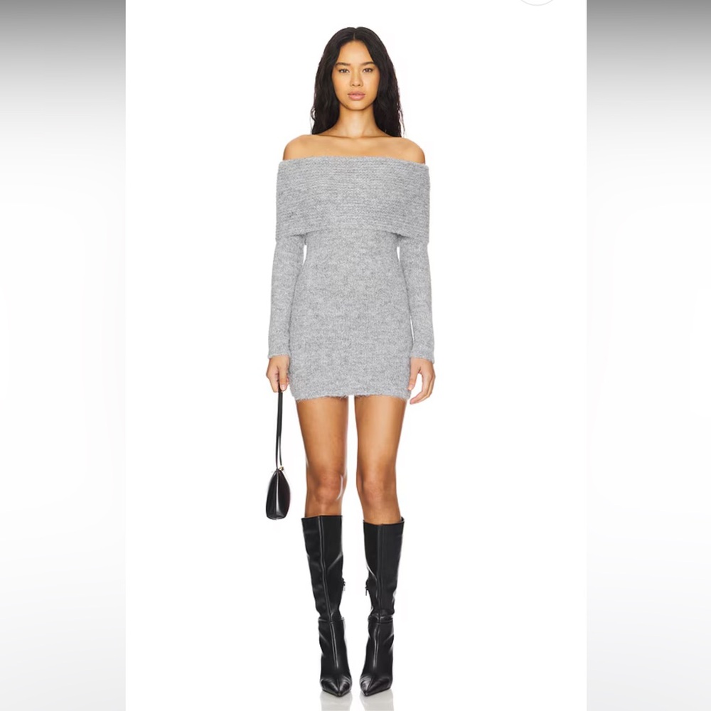 🆕 REVOLVE x 4th + RECKLESS Kayla grey wool knit  mini dress off the shoulders XS